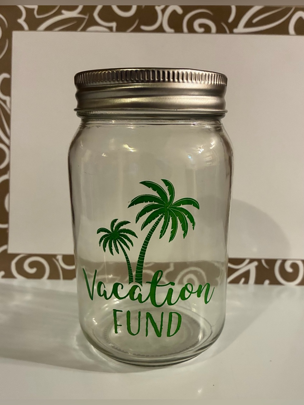Vacation Fund Glass Mason Jar with Green Palm Design